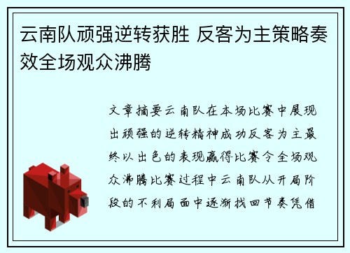 云南队顽强逆转获胜 反客为主策略奏效全场观众沸腾