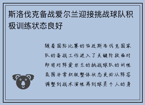 斯洛伐克备战爱尔兰迎接挑战球队积极训练状态良好